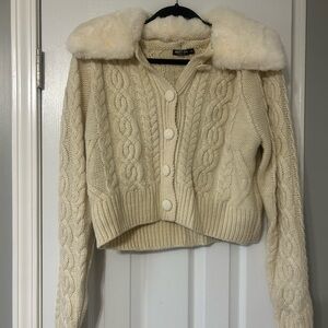 Nasty Gal Cream Cable Knit Cardigan with Faux Fur Collar